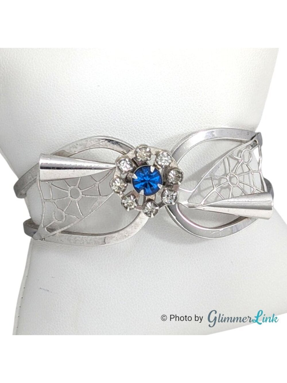 Vintage Mid Century Silver Tone Blue Rhinestone Floral Hinged Clamper Bracelet